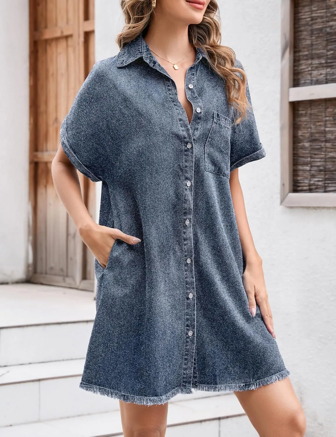 Summer Denim Dress for Women Short Sleeve Button Down Casual Western Jean Dresses