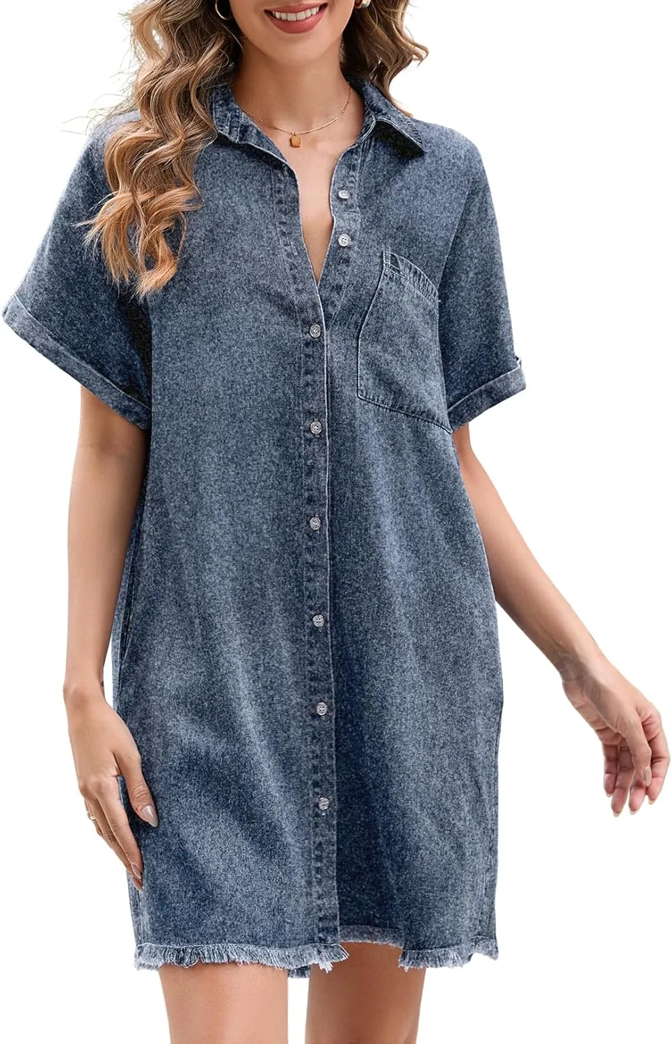 Summer Denim Dress for Women Short Sleeve Button Down Casual Western Jean Dresses