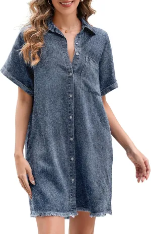 Summer Denim Dress for Women Short Sleeve Button Down Casual Western Jean Dresses