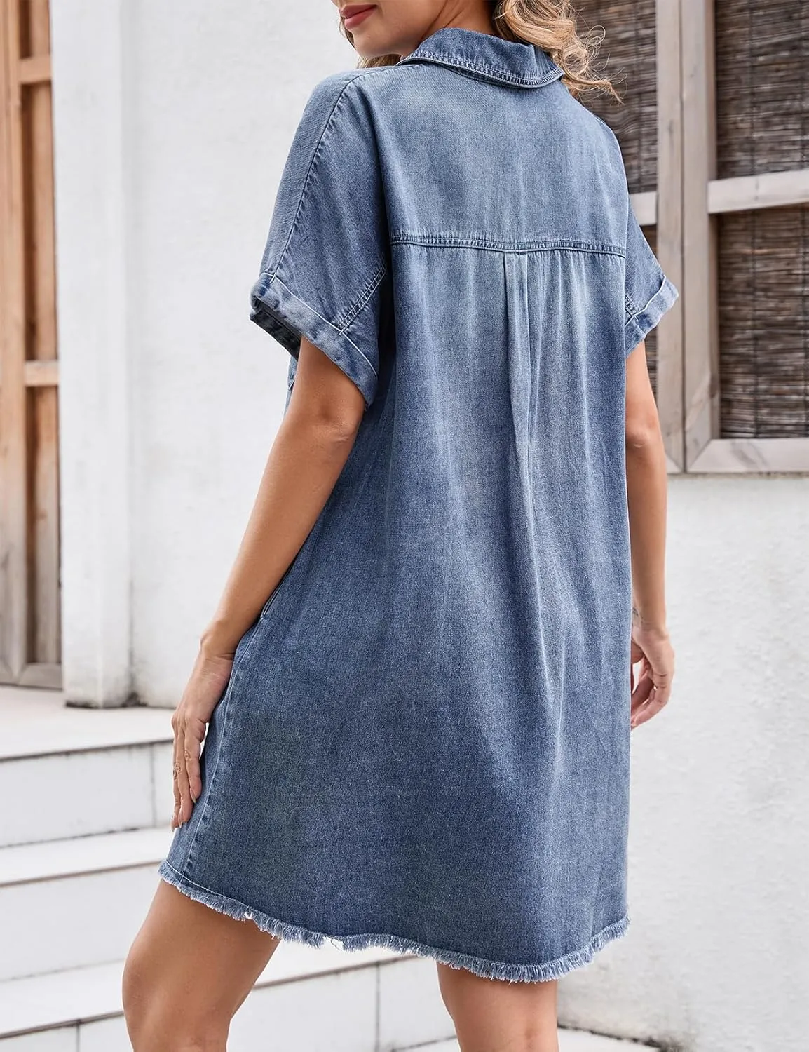 Summer Denim Dress for Women Short Sleeve Button Down Casual Western Jean Dresses