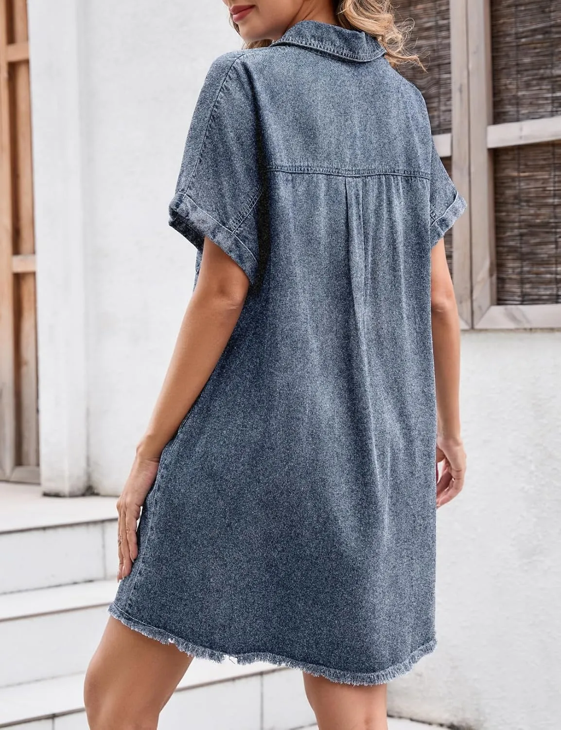 Summer Denim Dress for Women Short Sleeve Button Down Casual Western Jean Dresses