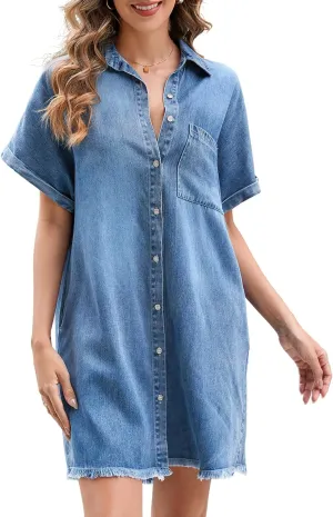 Summer Denim Dress for Women Short Sleeve Button Down Casual Western Jean Dresses