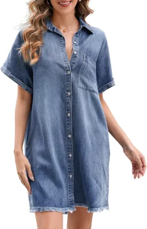 Summer Denim Dress for Women Short Sleeve Button Down Casual Western Jean Dresses
