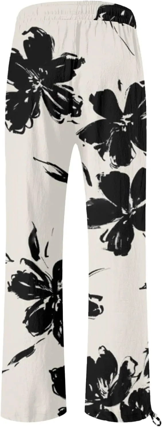 Summer Drawstring Casual Lounge Pant Cotton and Linen Wide Leg Pants Flowy Wide Leg Beach Pants with Pockets Women