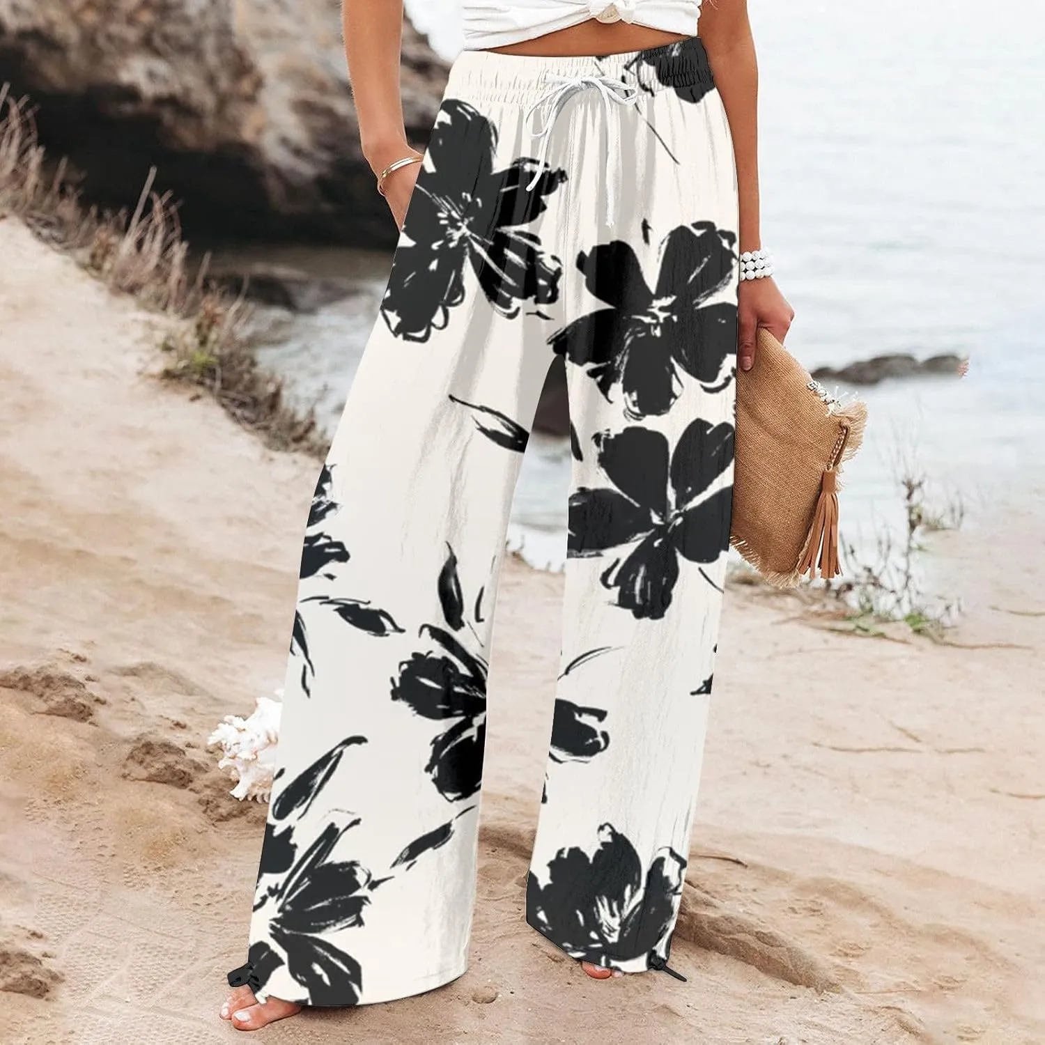 Summer Drawstring Casual Lounge Pant Cotton and Linen Wide Leg Pants Flowy Wide Leg Beach Pants with Pockets Women