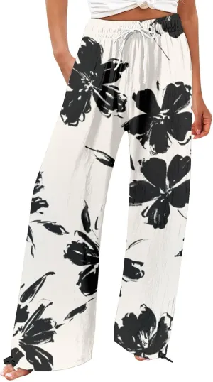 Summer Drawstring Casual Lounge Pant Cotton and Linen Wide Leg Pants Flowy Wide Leg Beach Pants with Pockets Women