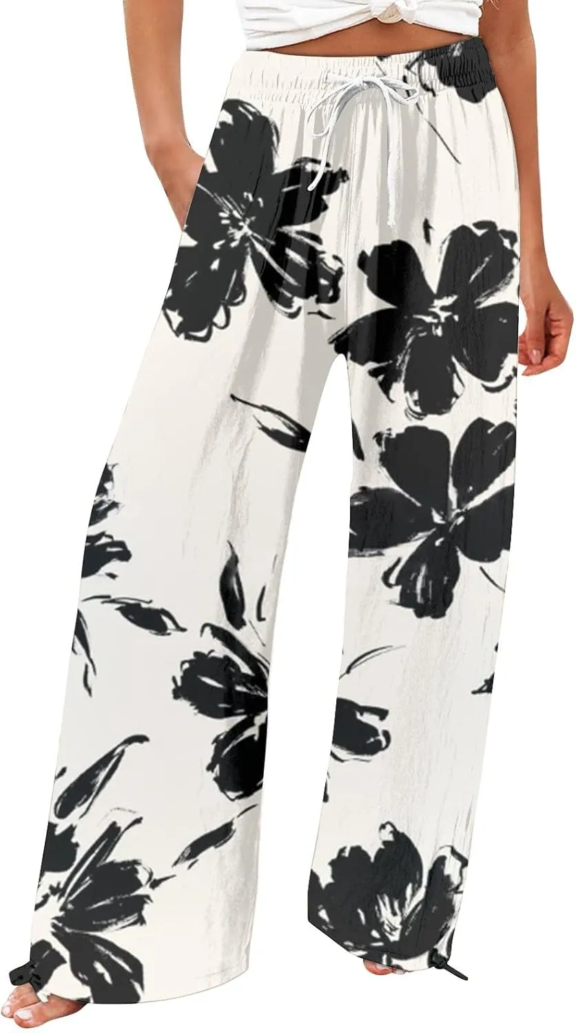 Summer Drawstring Casual Lounge Pant Cotton and Linen Wide Leg Pants Flowy Wide Leg Beach Pants with Pockets Women