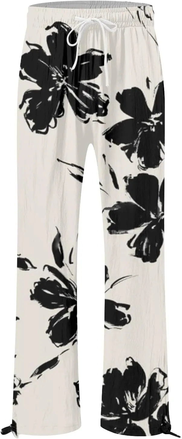 Summer Drawstring Casual Lounge Pant Cotton and Linen Wide Leg Pants Flowy Wide Leg Beach Pants with Pockets Women