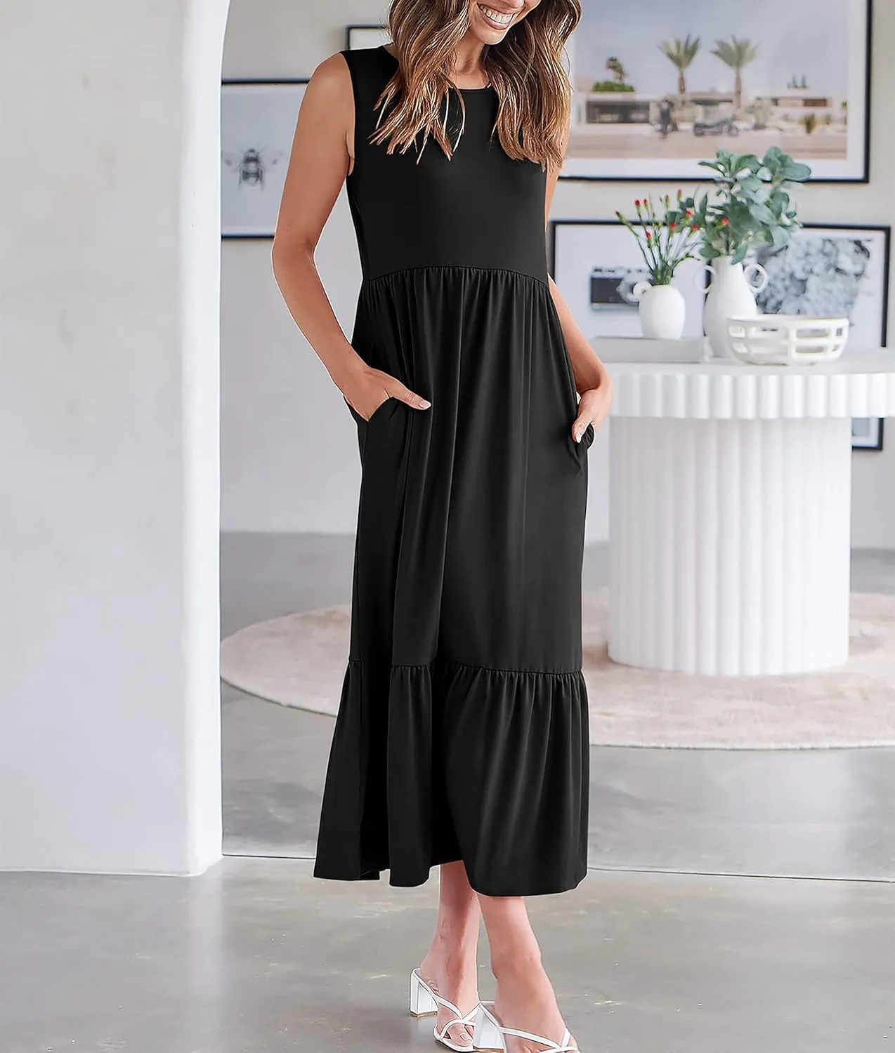 Summer Dresses for Women 2023 Casual Dress Sleeveless Swing Sundresses Tiered Flowy Maxi Beach Dress with Pockets
