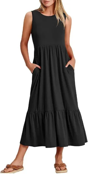 Summer Dresses for Women 2023 Casual Dress Sleeveless Swing Sundresses Tiered Flowy Maxi Beach Dress with Pockets