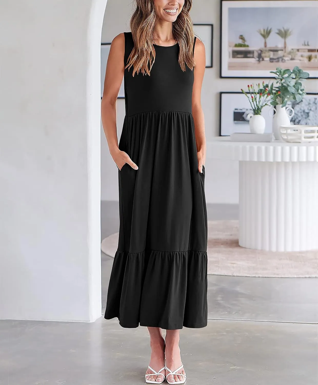 Summer Dresses for Women 2023 Casual Dress Sleeveless Swing Sundresses Tiered Flowy Maxi Beach Dress with Pockets