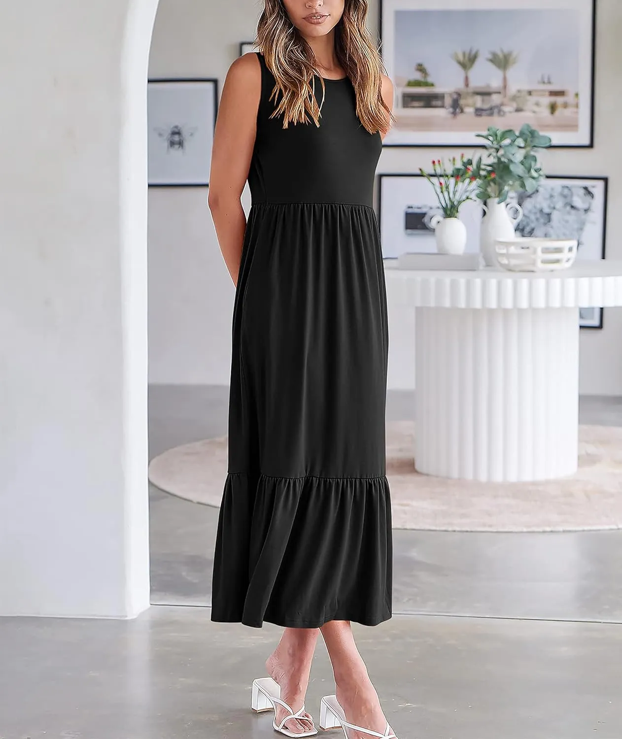 Summer Dresses for Women 2023 Casual Dress Sleeveless Swing Sundresses Tiered Flowy Maxi Beach Dress with Pockets