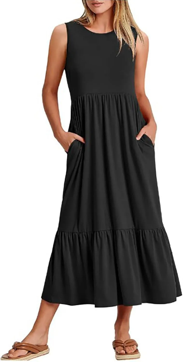 Summer Dresses for Women 2023 Casual Dress Sleeveless Swing Sundresses Tiered Flowy Maxi Beach Dress with Pockets