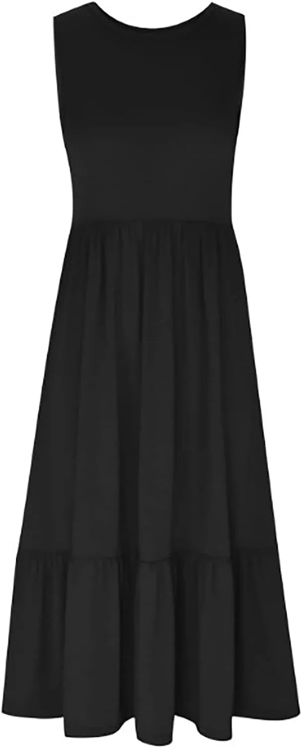 Summer Dresses for Women 2023 Casual Dress Sleeveless Swing Sundresses Tiered Flowy Maxi Beach Dress with Pockets