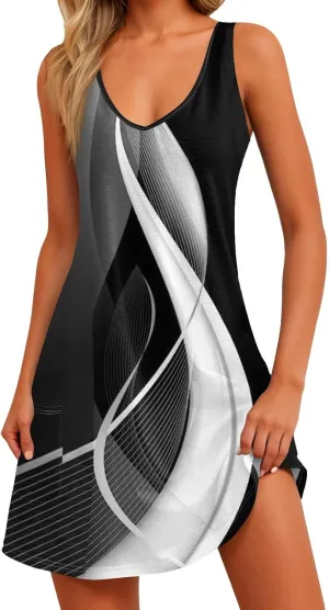 Summer Dresses for Women 2024 Beach Loose V Neck Sleeveless Mini Dress Floral Printed Boho Sundresses with Pockets