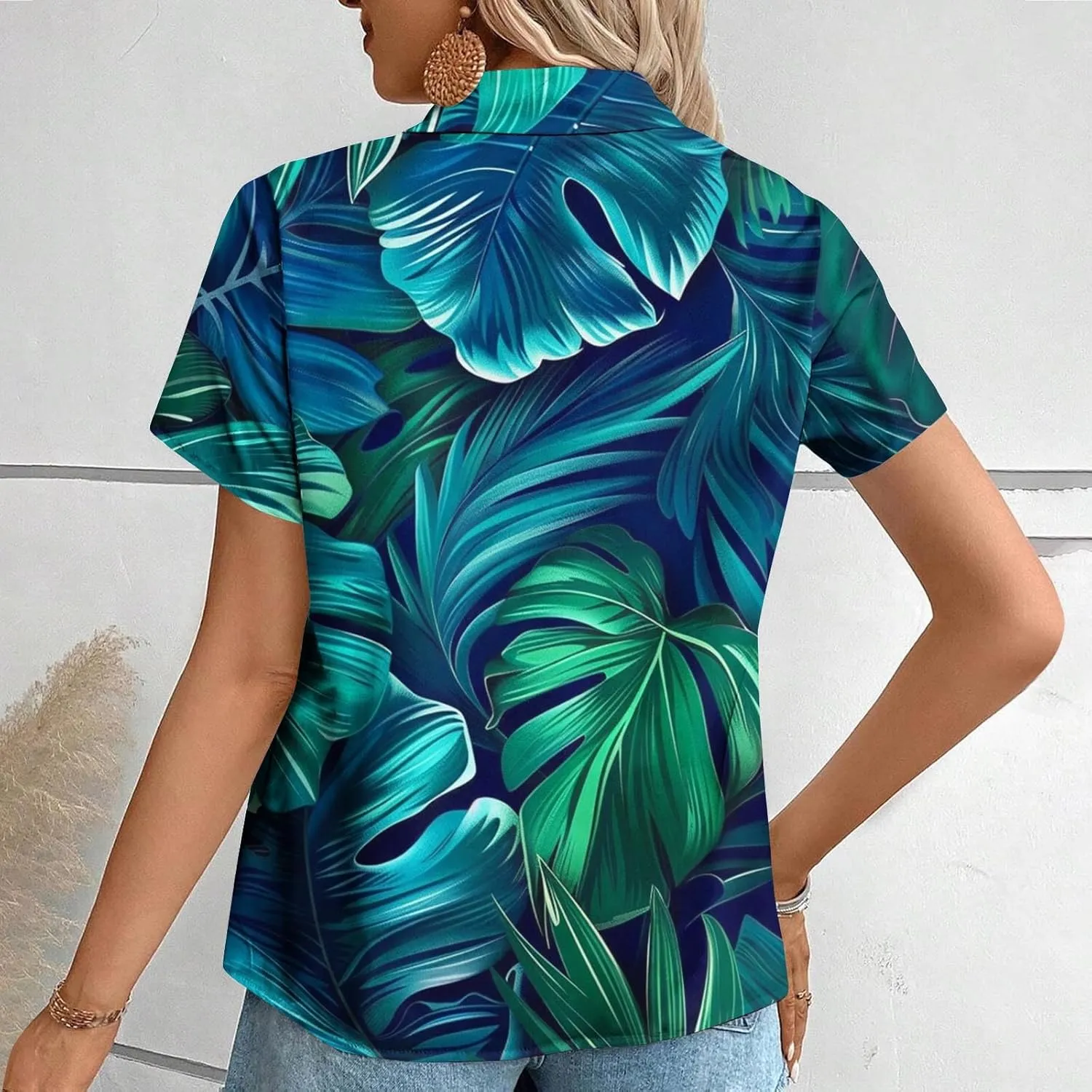Summer Hawaii Shirts for Women Cool Floral Tropic Print V Neck Tops Button Up T-Shirt Trendy Beach Vacation Blouse