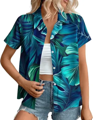 Summer Hawaii Shirts for Women Cool Floral Tropic Print V Neck Tops Button Up T-Shirt Trendy Beach Vacation Blouse