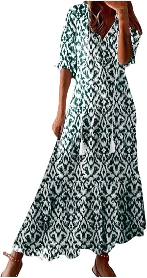 Summer Maxi Dresses for Women 2025 Vacation 3/4 Sleeve Boho Floral Long Dresses V Neck Casual Comfy Loose Dress