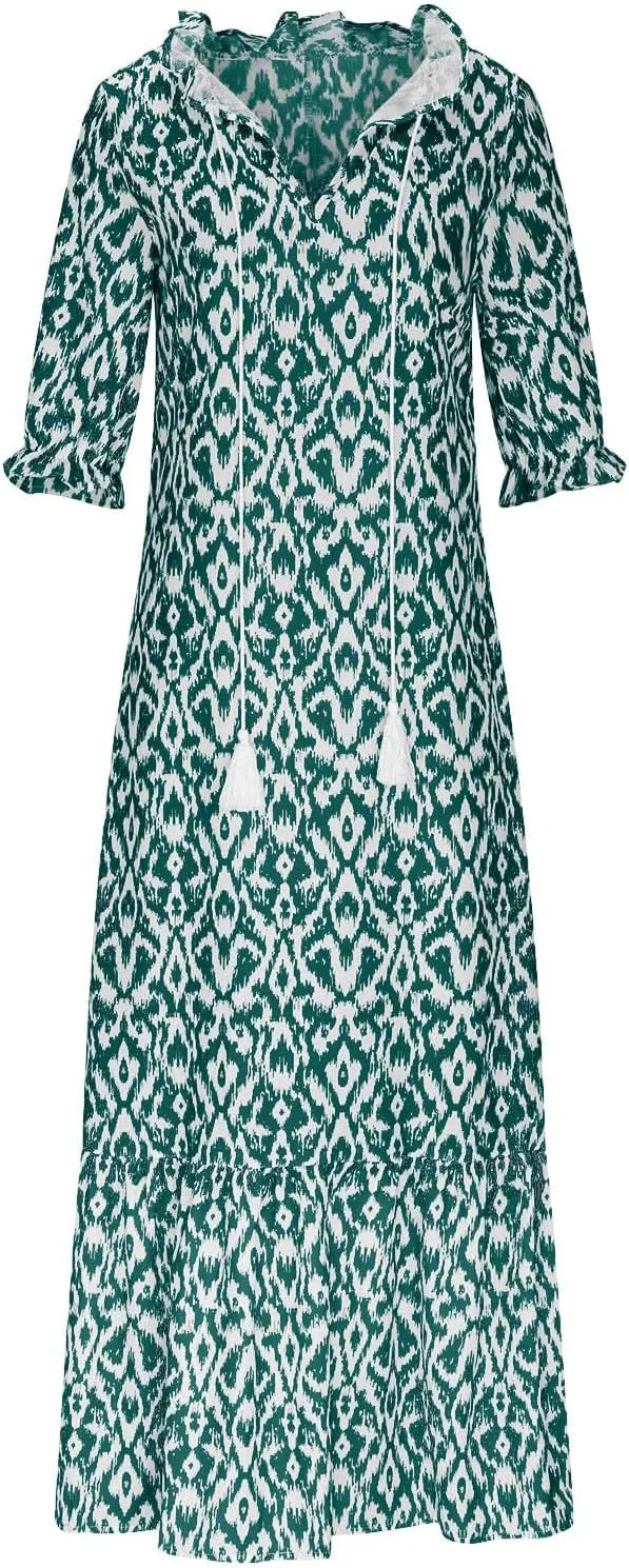 Summer Maxi Dresses for Women 2025 Vacation 3/4 Sleeve Boho Floral Long Dresses V Neck Casual Comfy Loose Dress