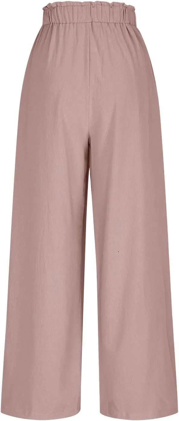 Summer Pants for Women Cotton Linen Straight Wide Leg Ankle Pants Drawstring Elastic Waist Trousers with Pockets