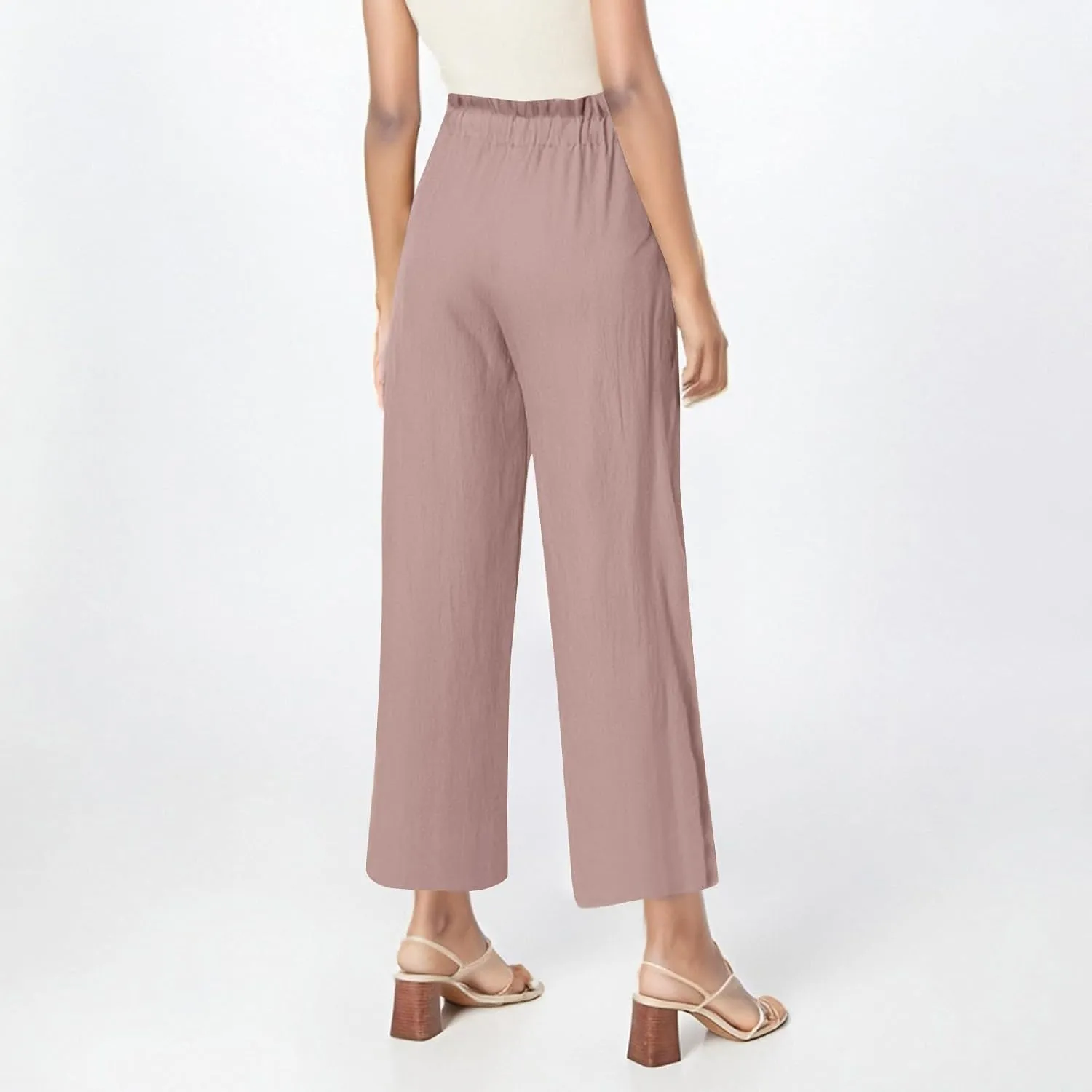 Summer Pants for Women Cotton Linen Straight Wide Leg Ankle Pants Drawstring Elastic Waist Trousers with Pockets