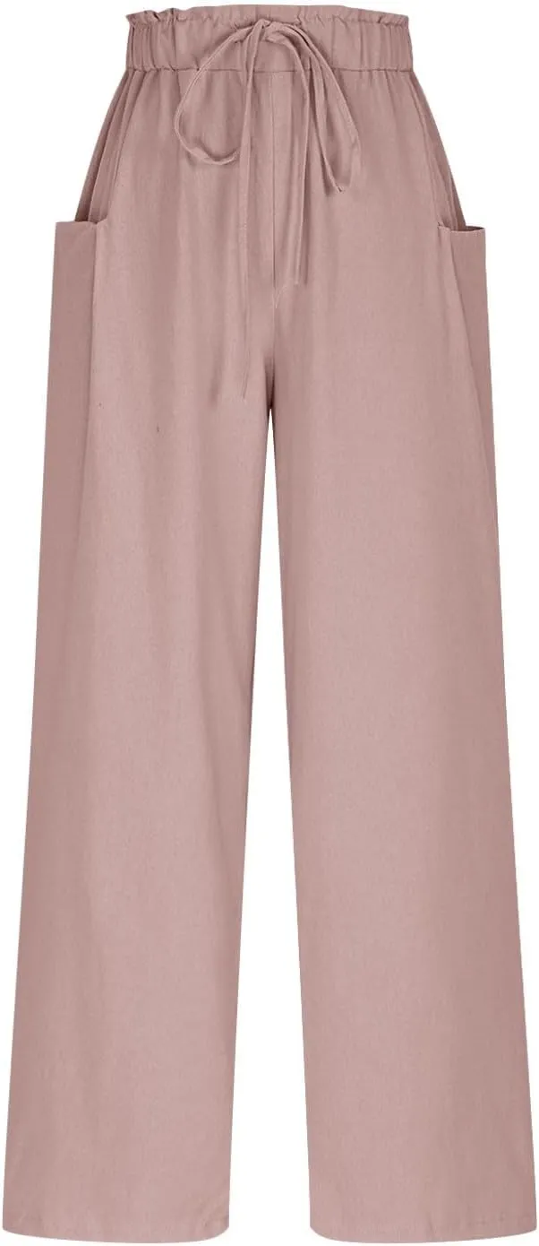 Summer Pants for Women Cotton Linen Straight Wide Leg Ankle Pants Drawstring Elastic Waist Trousers with Pockets