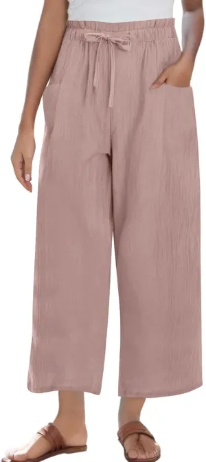 Summer Pants for Women Cotton Linen Straight Wide Leg Ankle Pants Drawstring Elastic Waist Trousers with Pockets