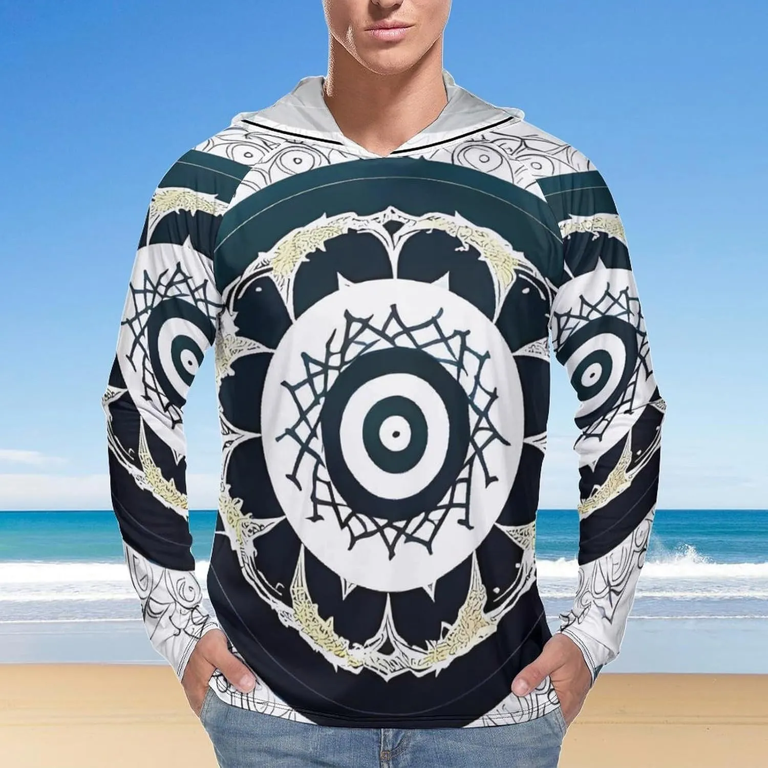 Sun Protection Shirt Long Sleeve Hoodie Black and White Round Totem Lightweight Rash Guard Quick Dry Sun Shirt for Outdoor