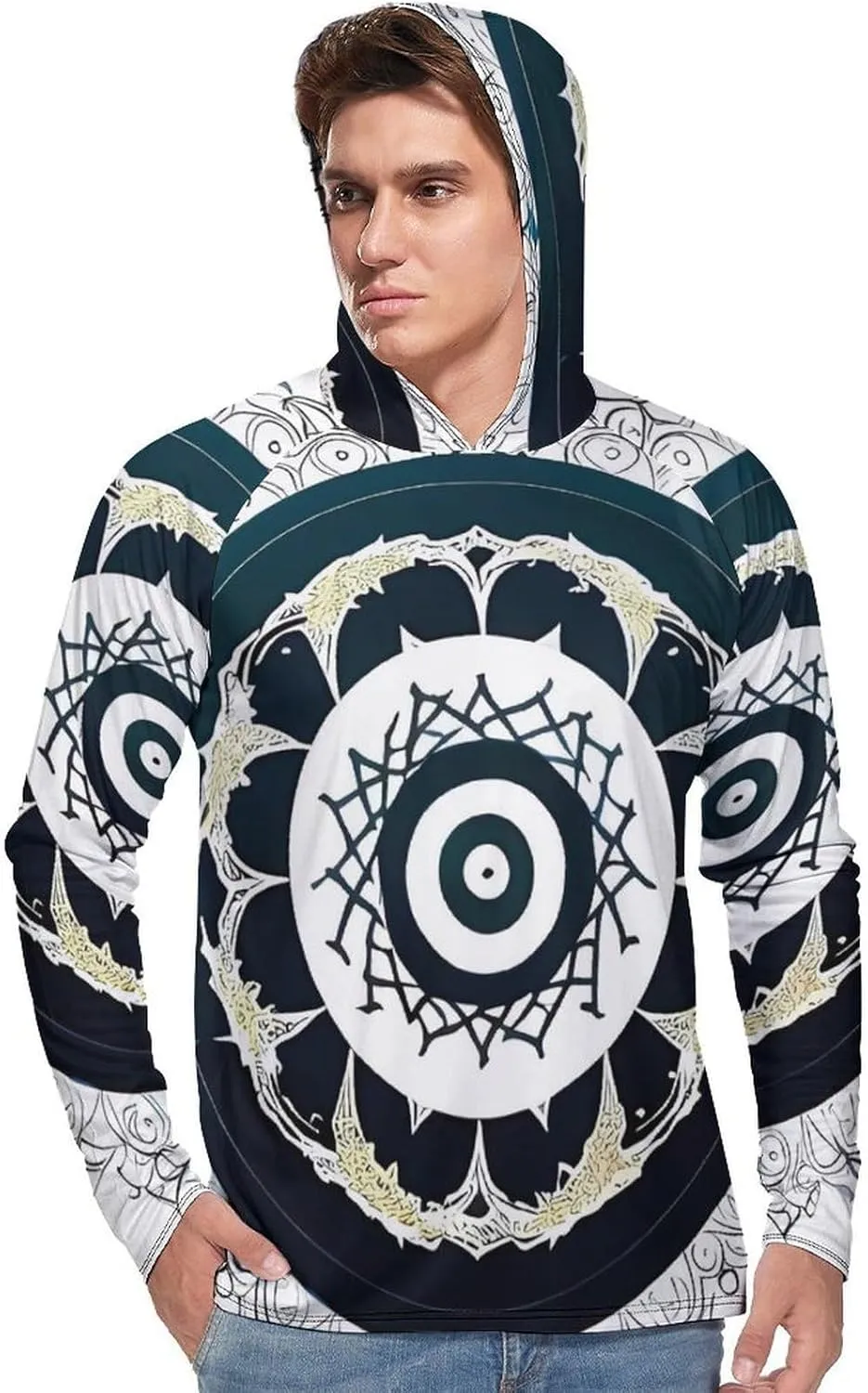 Sun Protection Shirt Long Sleeve Hoodie Black and White Round Totem Lightweight Rash Guard Quick Dry Sun Shirt for Outdoor
