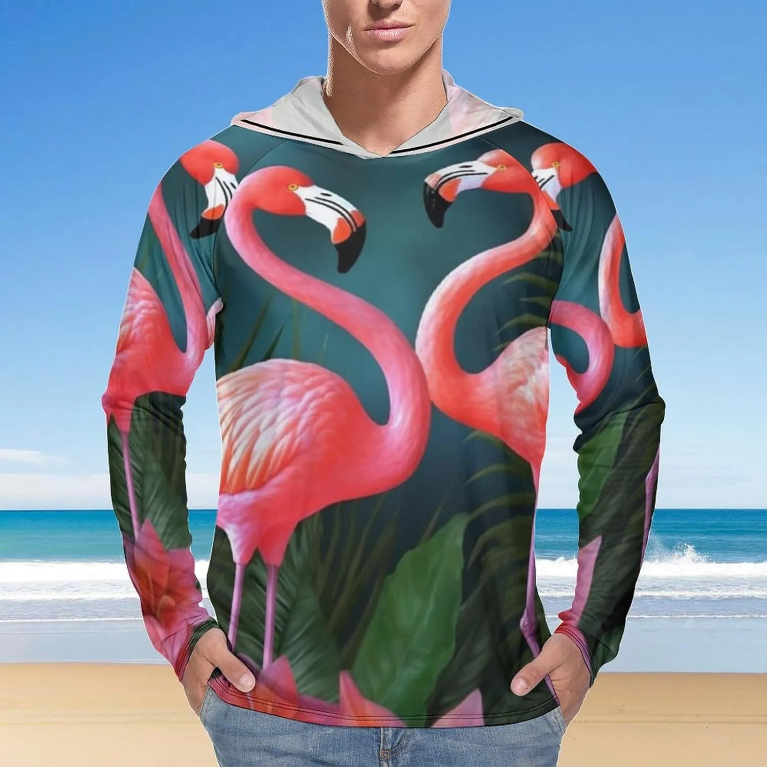 Sun Protection Shirt Long Sleeve Hoodie Flamingo Flowers Lightweight Rash Guard Quick Dry Sun Shirt for Outdoor
