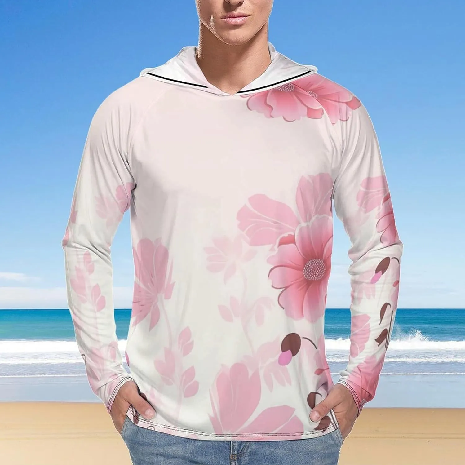 Sun Protection Shirt Long Sleeve Hoodie Flower Pattern Lightweight Rash Guard Quick Dry Sun Shirt for Outdoor