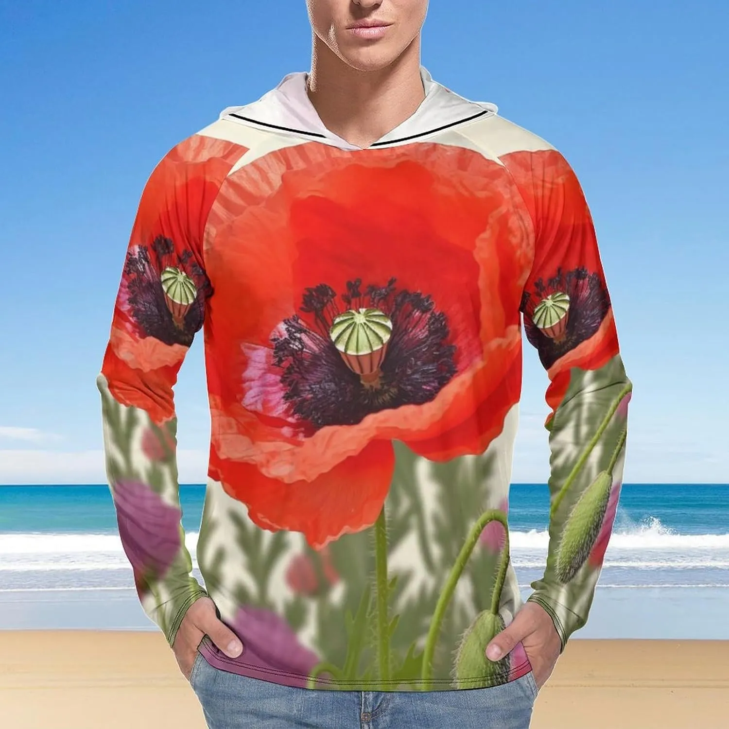 Sun Protection Shirt Long Sleeve Hoodie Poppy Flower Lightweight Rash Guard Quick Dry Sun Shirt for Outdoor