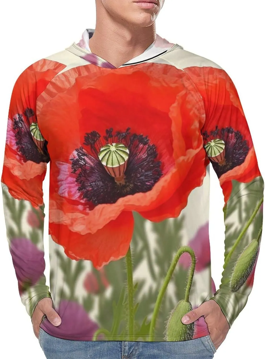 Sun Protection Shirt Long Sleeve Hoodie Poppy Flower Lightweight Rash Guard Quick Dry Sun Shirt for Outdoor