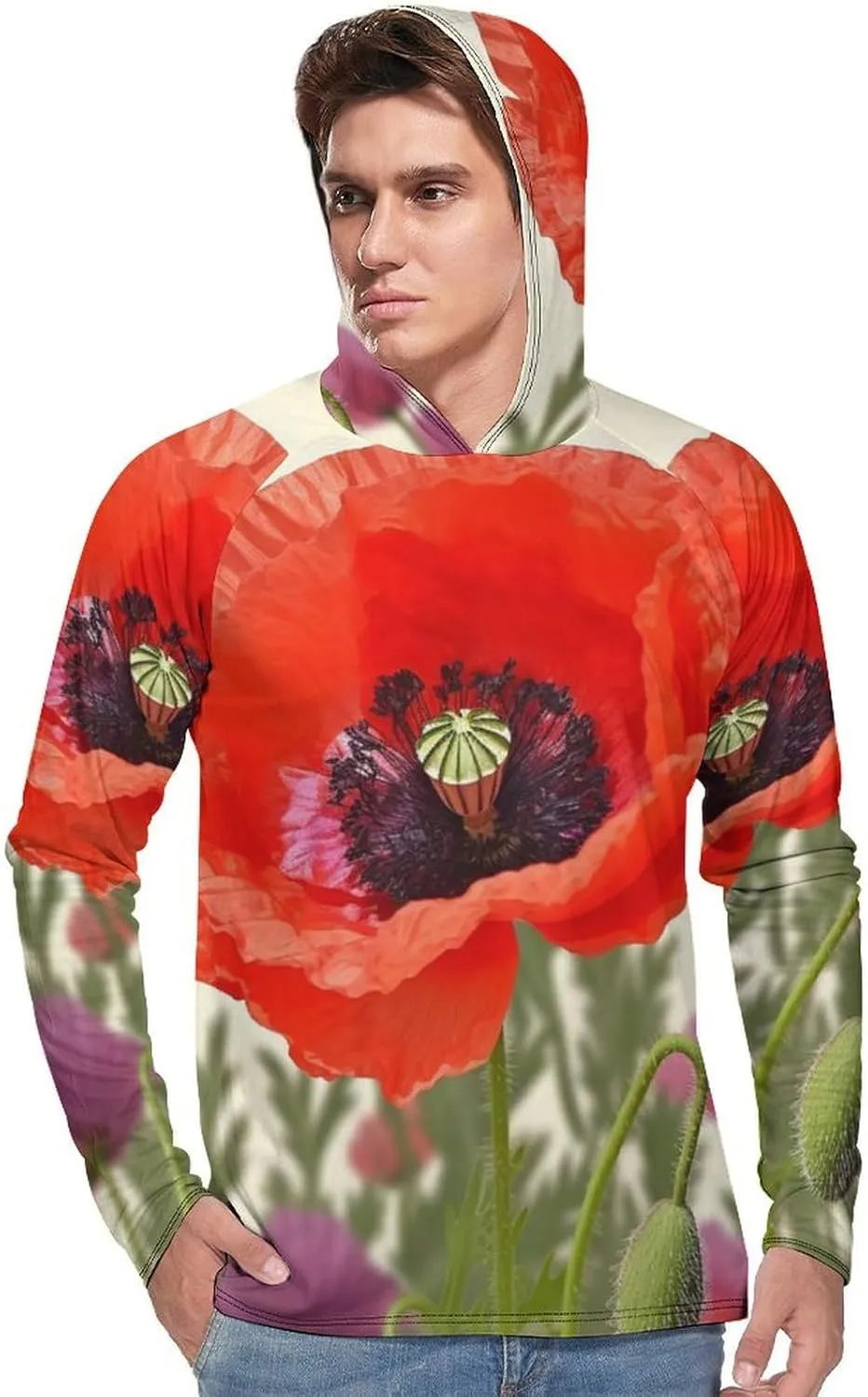 Sun Protection Shirt Long Sleeve Hoodie Poppy Flower Lightweight Rash Guard Quick Dry Sun Shirt for Outdoor