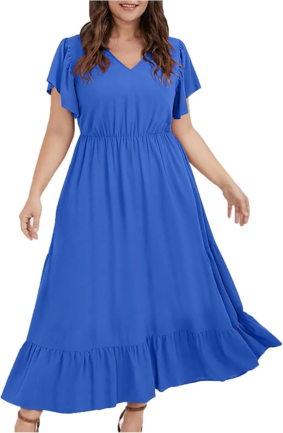 Sundresses for Women Short Sleeve V Neck Plus Size Summer Midi Dresses Ruffle Hem Flowy Swing Boho Dress with Pockets
