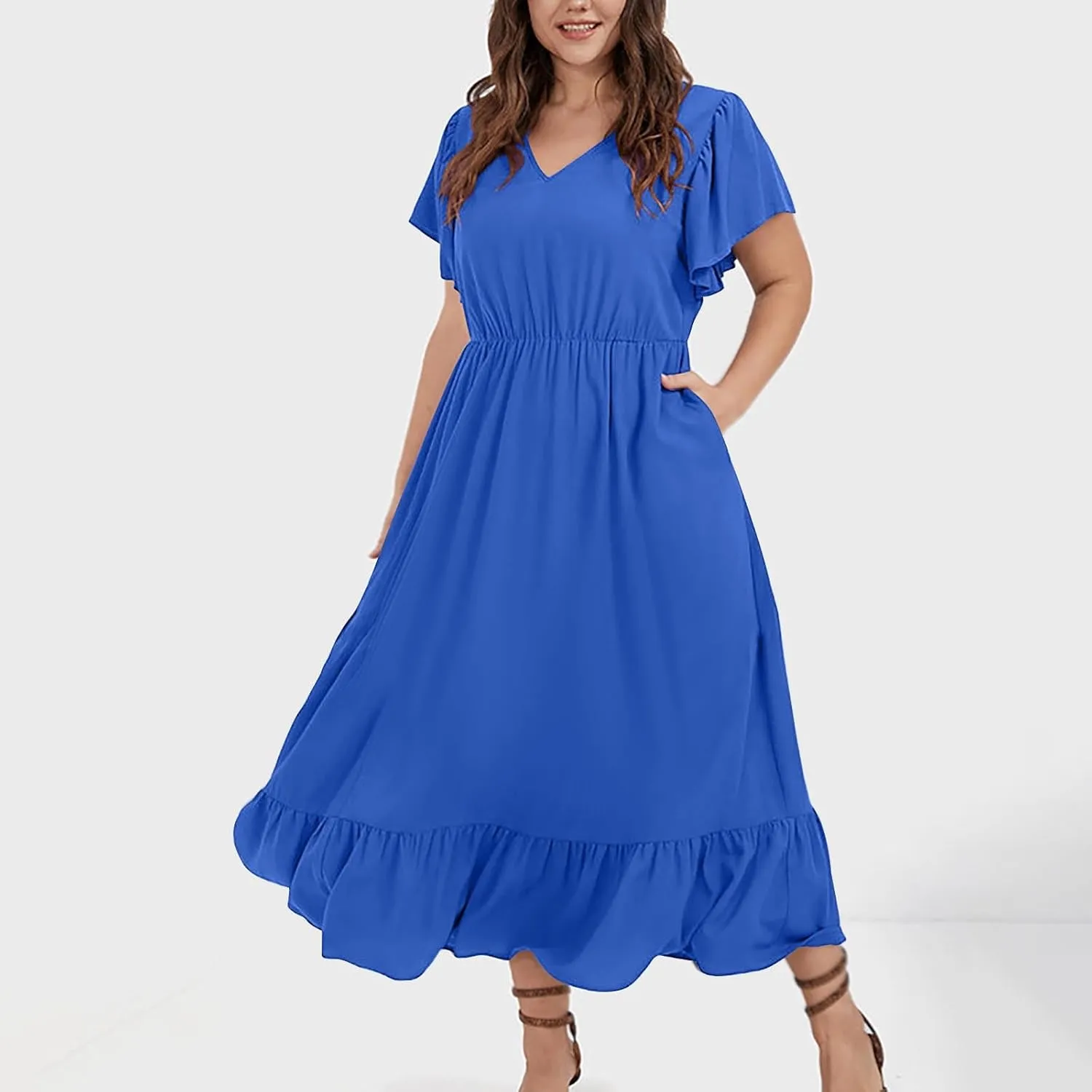 Sundresses for Women Short Sleeve V Neck Plus Size Summer Midi Dresses Ruffle Hem Flowy Swing Boho Dress with Pockets