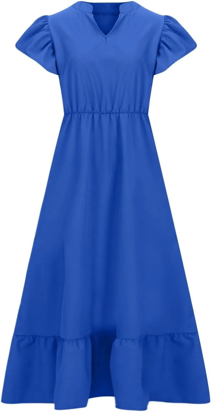 Sundresses for Women Short Sleeve V Neck Plus Size Summer Midi Dresses Ruffle Hem Flowy Swing Boho Dress with Pockets