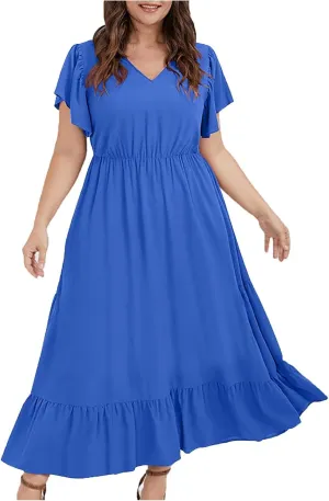 Sundresses for Women Short Sleeve V Neck Plus Size Summer Midi Dresses Ruffle Hem Flowy Swing Boho Dress with Pockets