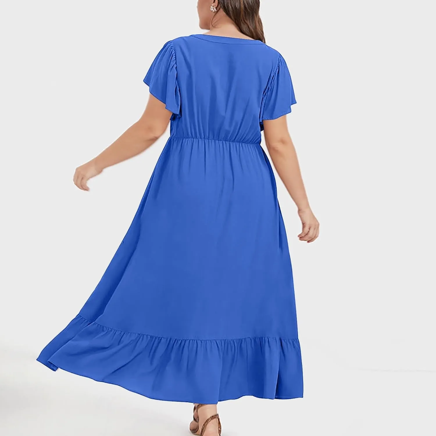 Sundresses for Women Short Sleeve V Neck Plus Size Summer Midi Dresses Ruffle Hem Flowy Swing Boho Dress with Pockets