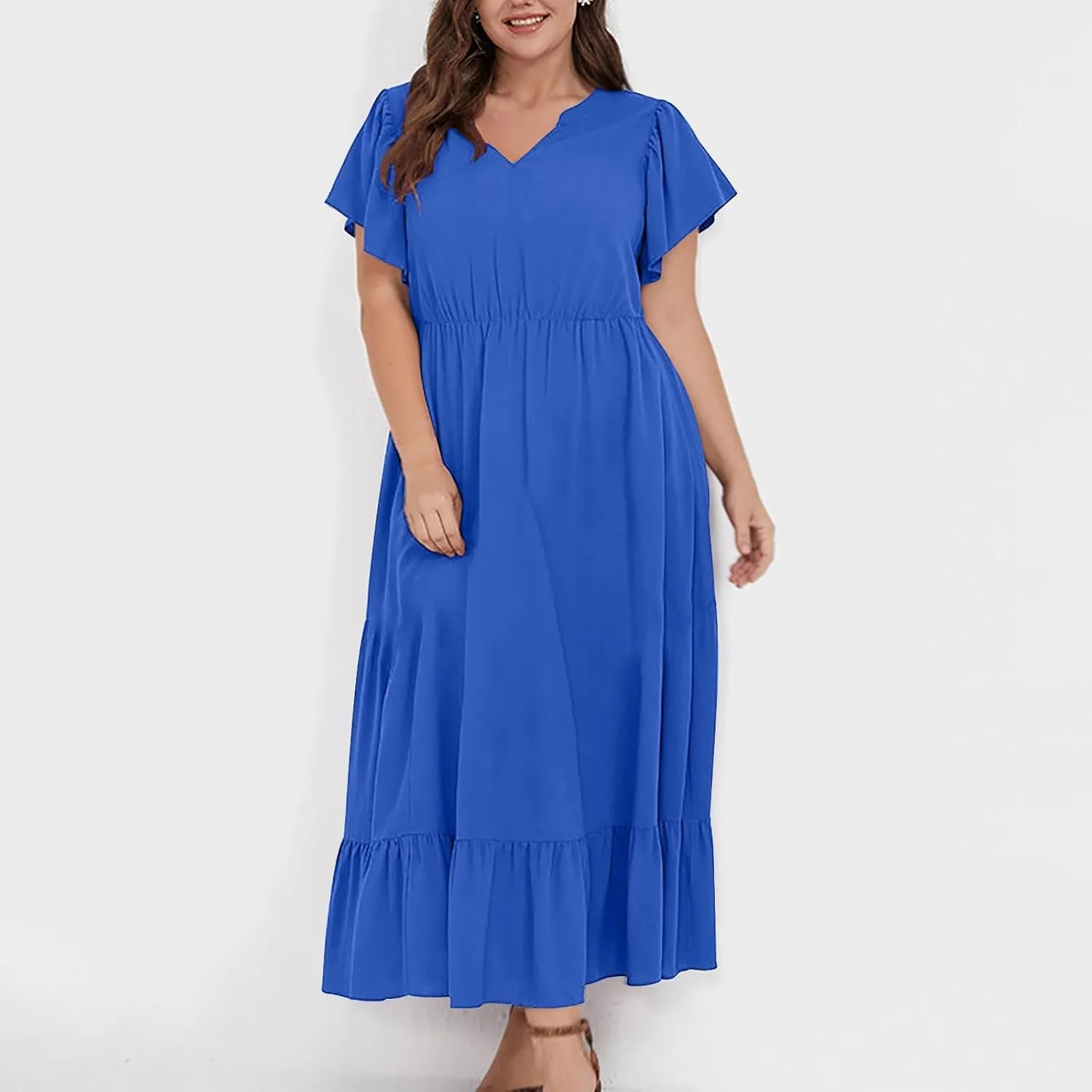 Sundresses for Women Short Sleeve V Neck Plus Size Summer Midi Dresses Ruffle Hem Flowy Swing Boho Dress with Pockets