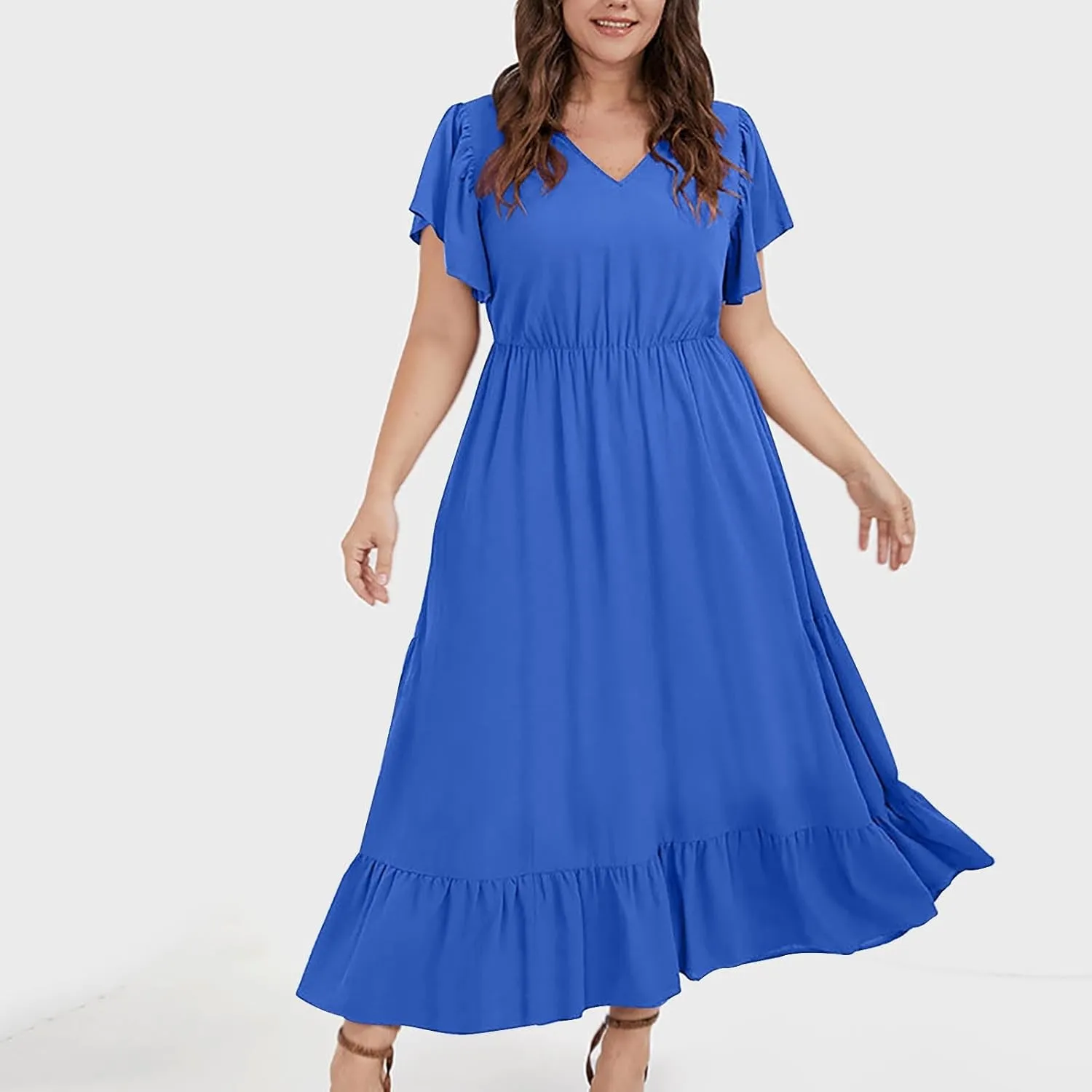 Sundresses for Women Short Sleeve V Neck Plus Size Summer Midi Dresses Ruffle Hem Flowy Swing Boho Dress with Pockets