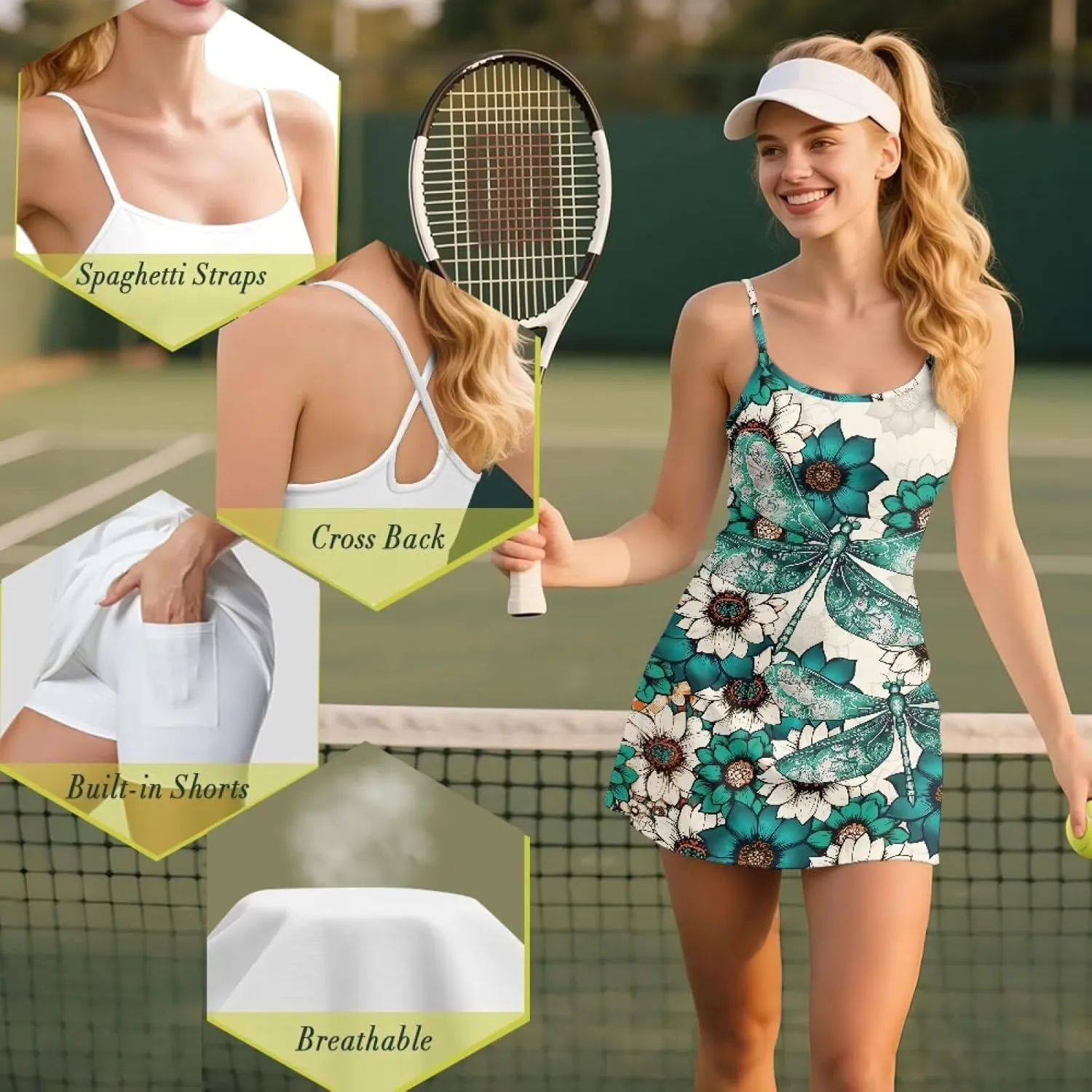 Suspenders Tennis Dresses for Women with Shorts Underneath Workout Dress with Pockets Summer Golf Outfits