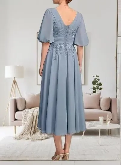 Tea Length Mother of The Bride Dresses for Wedding Ruffle Chiffon Lace 1/2 Sleeves Formal Evening Gowns