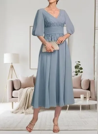 Tea Length Mother of The Bride Dresses for Wedding Ruffle Chiffon Lace 1/2 Sleeves Formal Evening Gowns