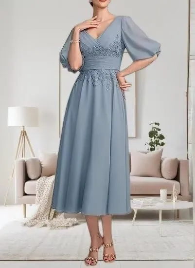 Tea Length Mother of The Bride Dresses for Wedding Ruffle Chiffon Lace 1/2 Sleeves Formal Evening Gowns