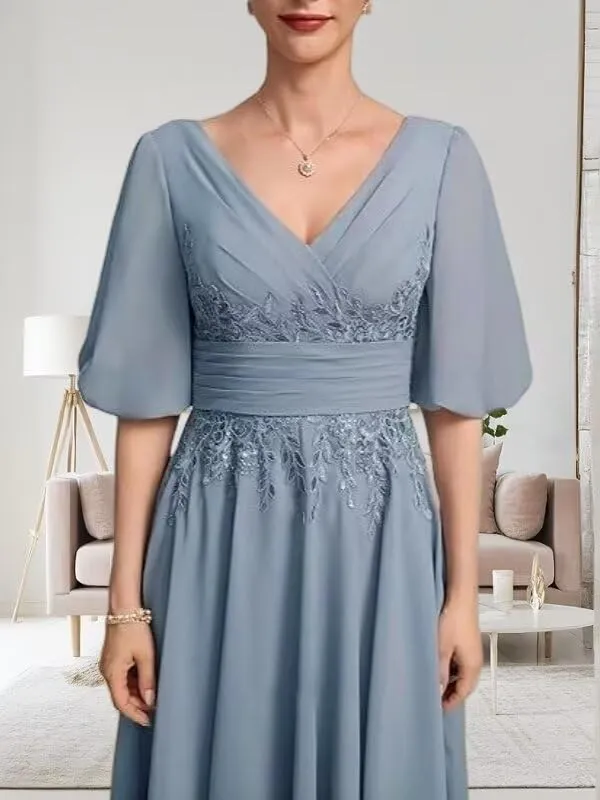 Tea Length Mother of The Bride Dresses for Wedding Ruffle Chiffon Lace 1/2 Sleeves Formal Evening Gowns
