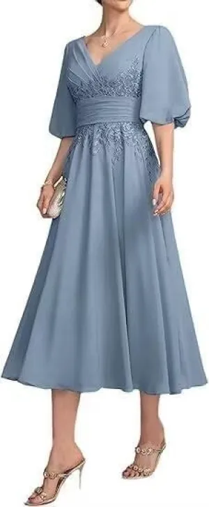 Tea Length Mother of The Bride Dresses for Wedding Ruffle Chiffon Lace 1/2 Sleeves Formal Evening Gowns