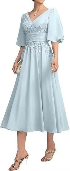 Tea Length Mother of The Bride Dresses for Wedding Ruffle Chiffon Lace 1/2 Sleeves Formal Evening Gowns