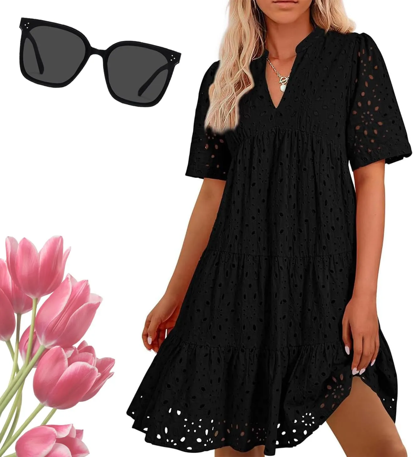 The Beauty North Eyelet Dress, 2025 Women's Elegant Hollow Out Lace Ruffle Casual Mini Dress, Summer Eyelet Ruffle Dresses
