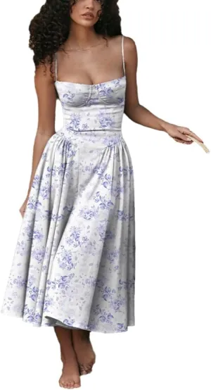 THLAI Summer Floral Dress for Women Camisole Corset Dress Flowy Sundress Midi Bustier Dress Midi Boho Dress Patry Dress